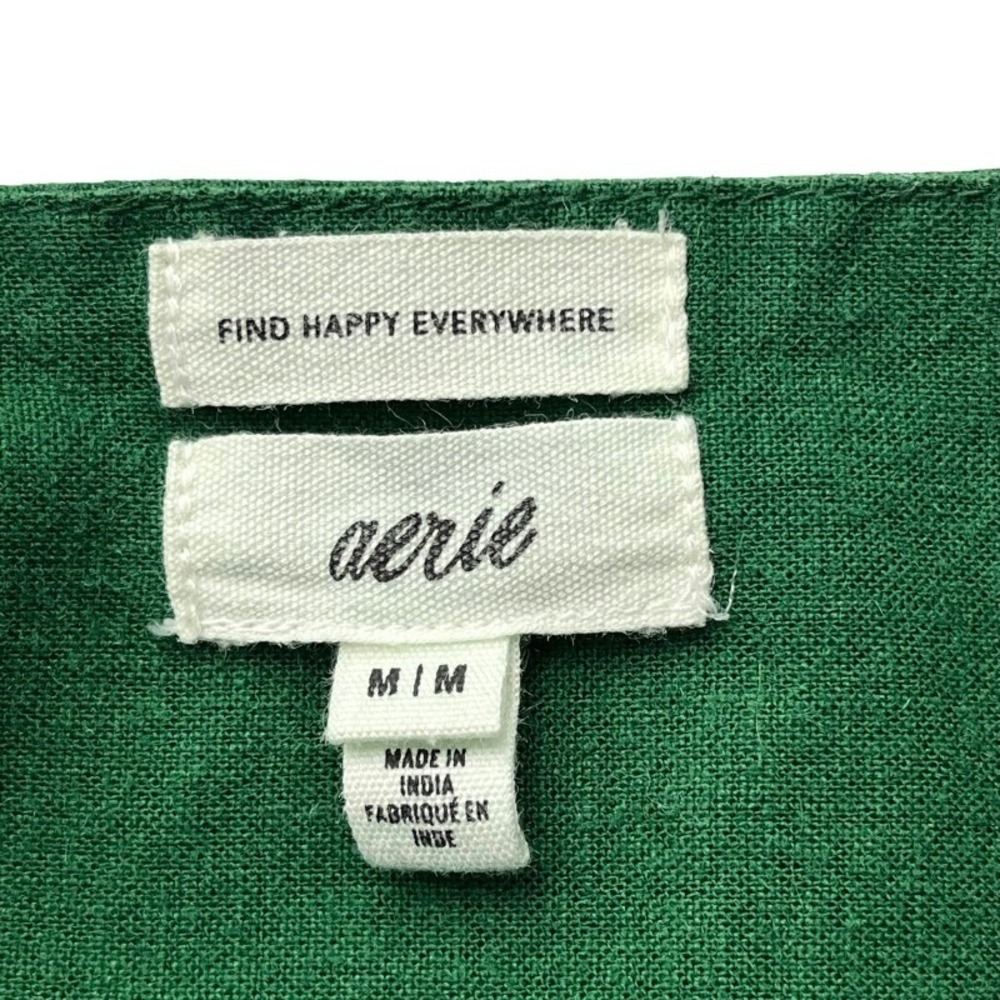 Aerie Womens Forest Green Linen Blend Ruffle Babydoll Mini Dress Size M Pockets - Picture 3 of 11